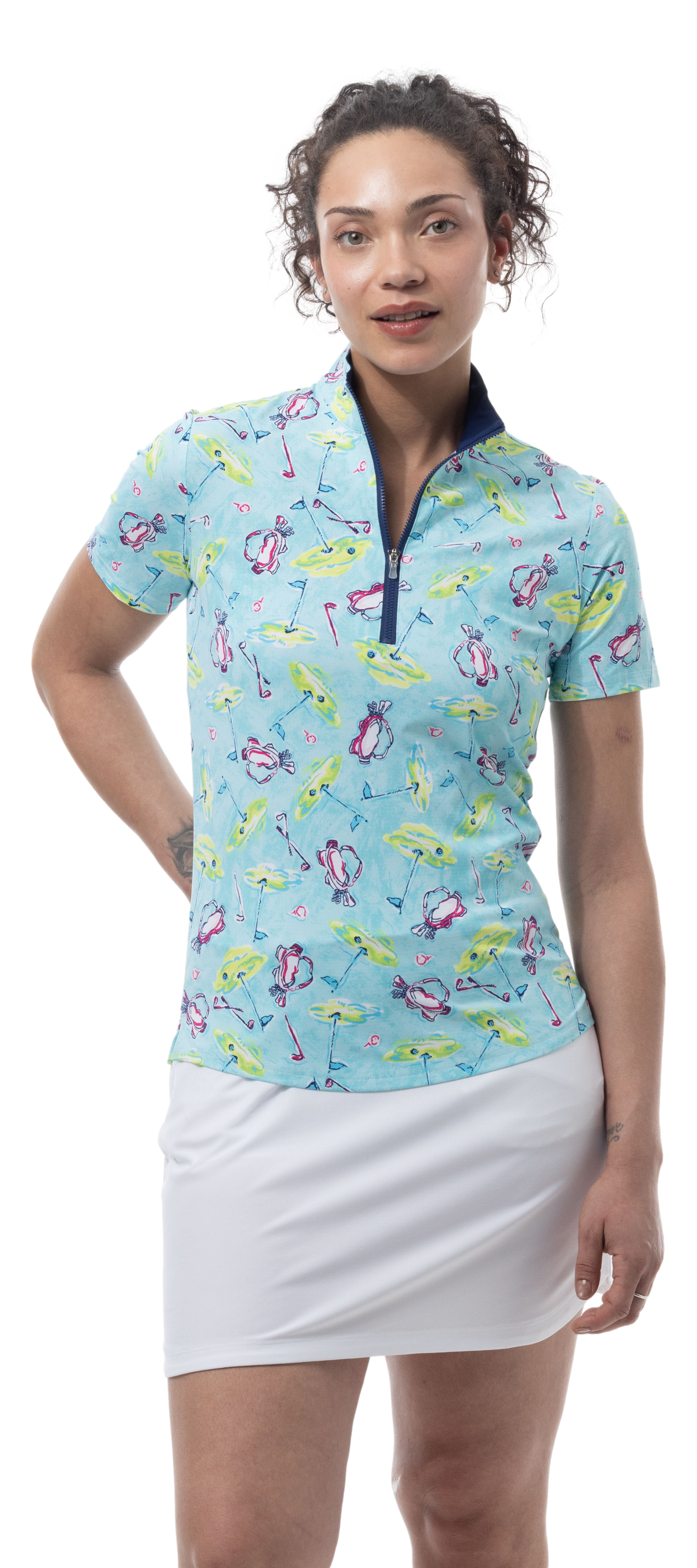 SANSOLEIL COOL ULTRA-MESH ZIP SHORT SLEEVE MOCK. FLAGS AND BAGS. 900655 - SanSoleil