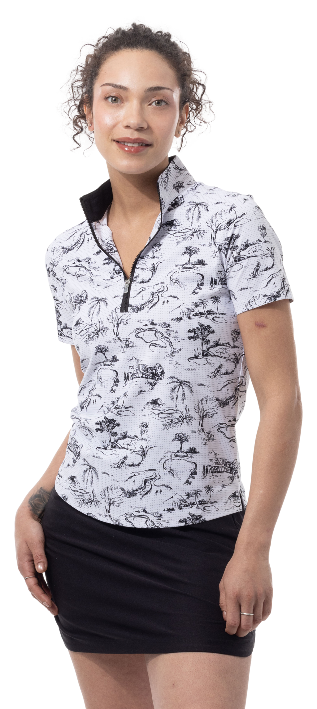SANSOLEIL COOL ULTRA-MESH ZIP SHORT SLEEVE MOCK. TOILE DE GOLF. BLACK. 900655 - SanSoleil