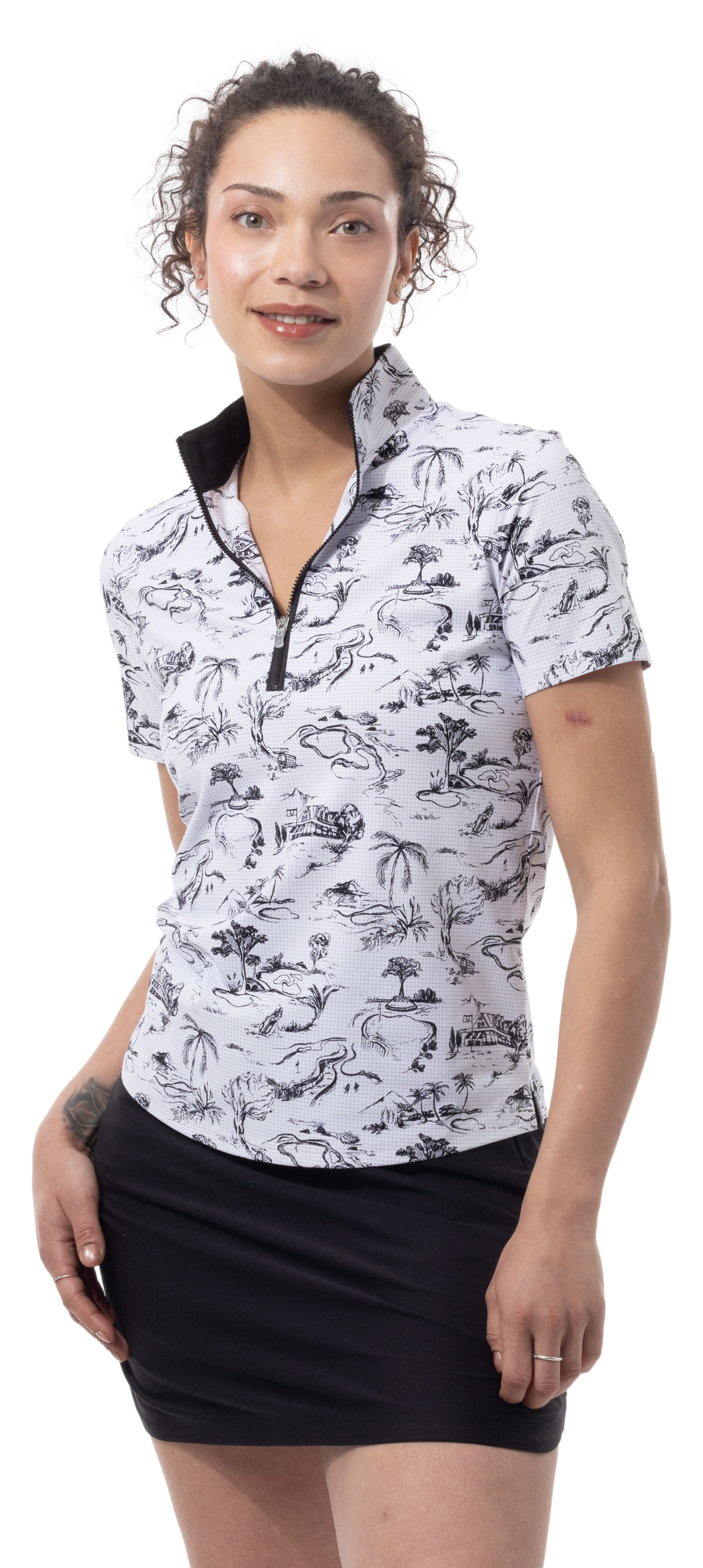 SANSOLEIL COOL ULTRA-MESH ZIP SHORT SLEEVE MOCK. TOILE DE GOLF. BLACK. 900655 - SanSoleil