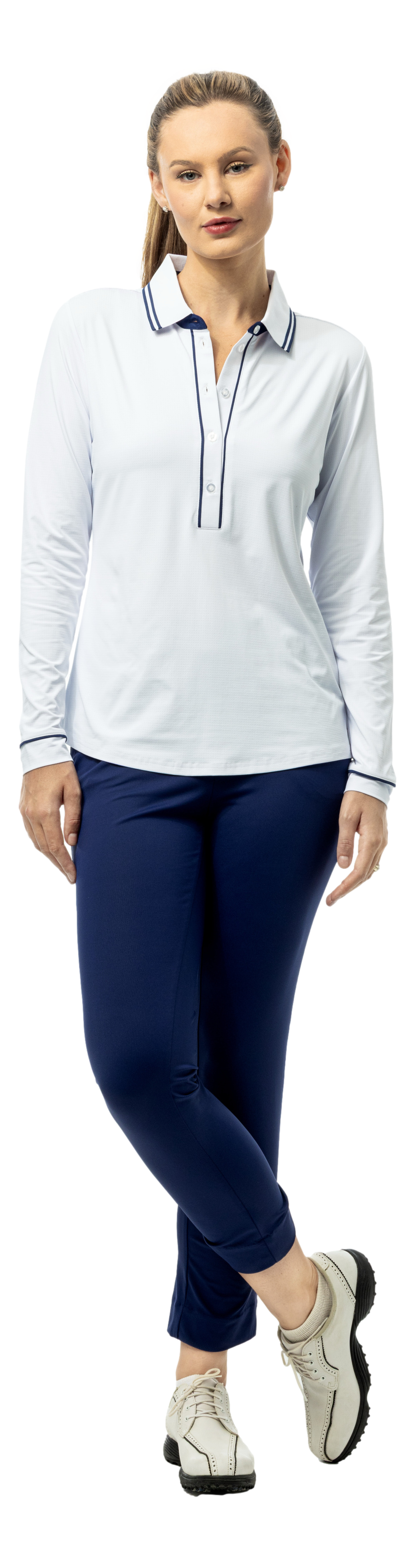 SOLAIR COOL ULTRA-MESH FIVE-BUTTON PLACKET POLO. WHITE NAVY. 900656