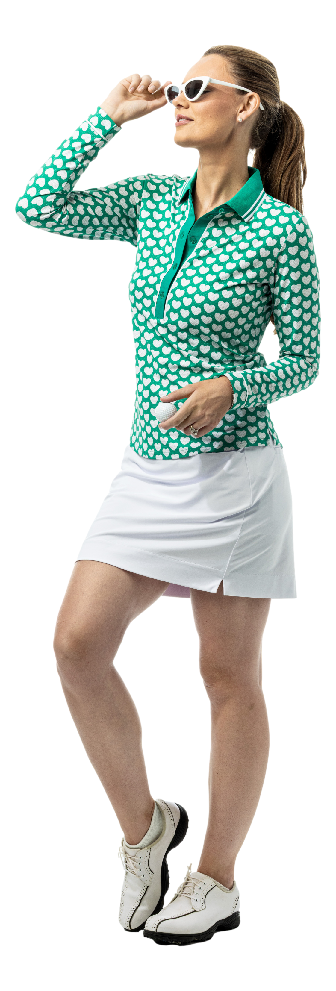 SanSoleil SOLAIR COOL Ultra-Mesh five-button placket print golf polo in green with I Heart Golf design, long sleeve, breathable fabric.