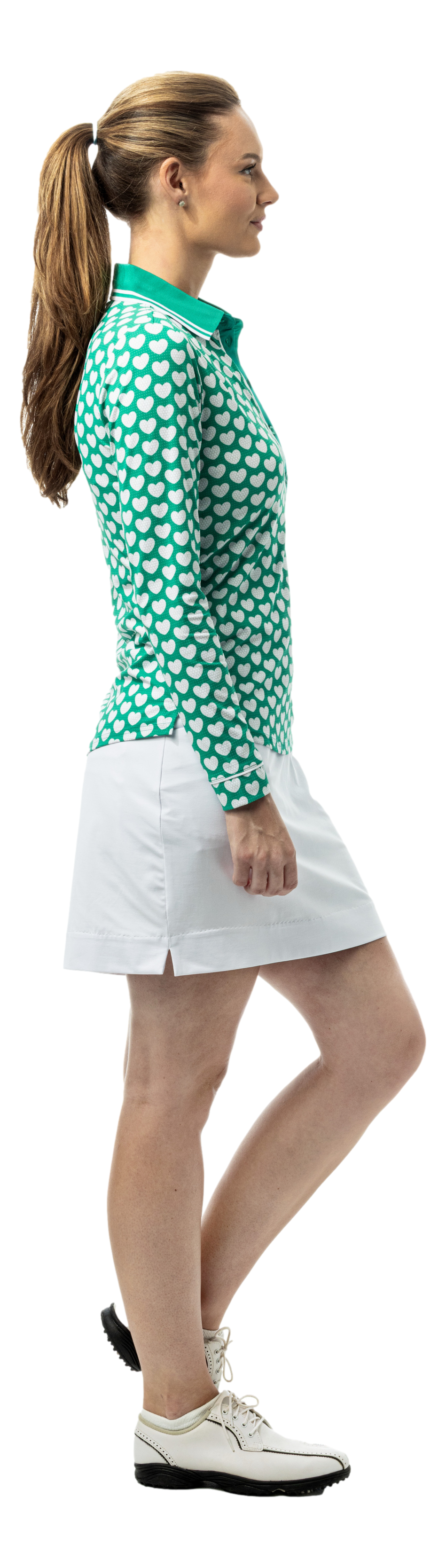 SanSoleil SOLAIR COOL Ultra-Mesh five-button placket print golf polo in green with long sleeves and I Heart Golf design.