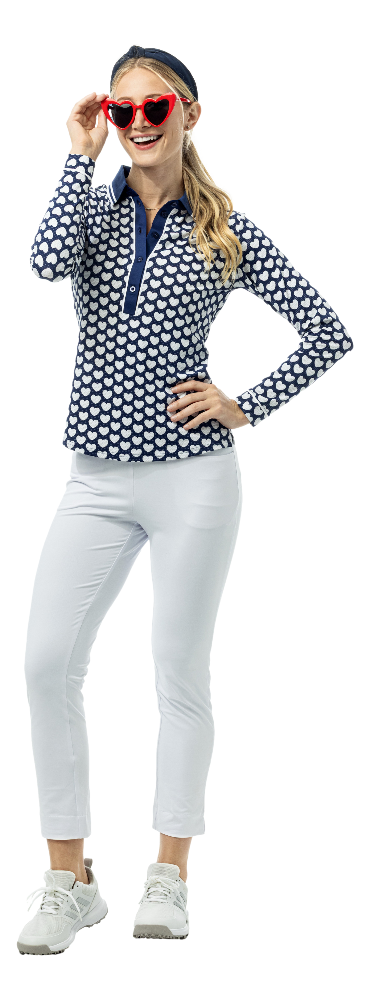 SanSoleil SOLAIR Cool Ultra-Mesh five-button placket print polo featuring I Heart Golf logo in navy, long sleeve, breathable fabric.