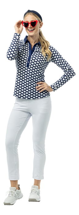 SanSoleil SOLAIR Cool Ultra-Mesh five-button placket print polo featuring I Heart Golf logo in navy, long sleeve, breathable fabric.