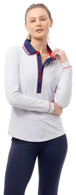 SOLAIRCOOL TIPPED FIVE-BUTTON PRINT POLO. BETSY. WHITE. 900656P - SanSoleil