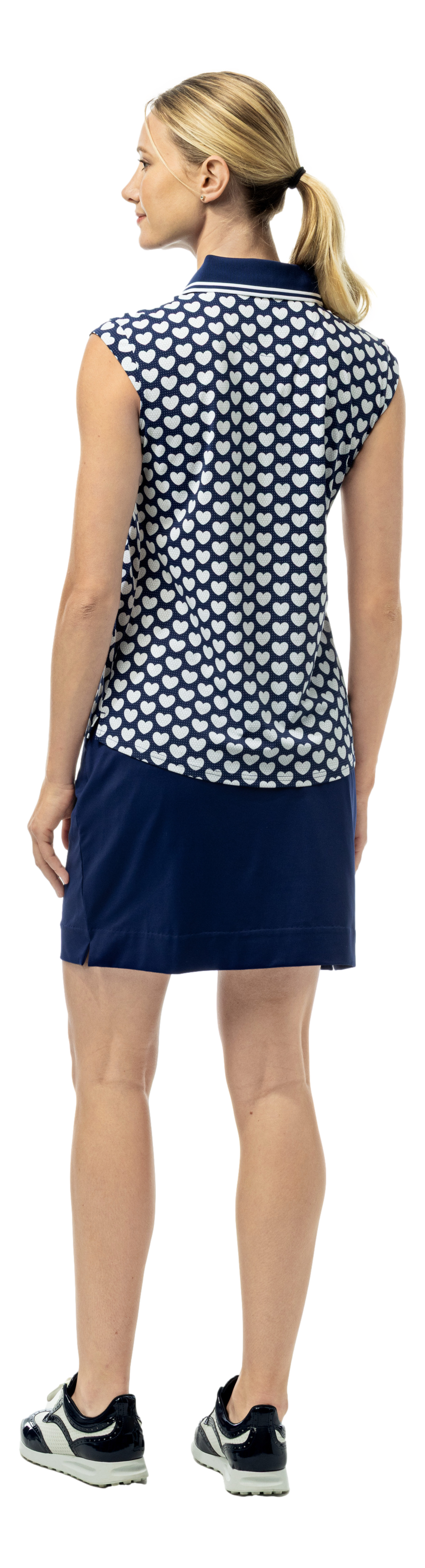 SanSoleil SOLAIR COOL Ultra-Mesh sleeveless polo in navy with I Heart Golf logo, lightweight and breathable for active wear.