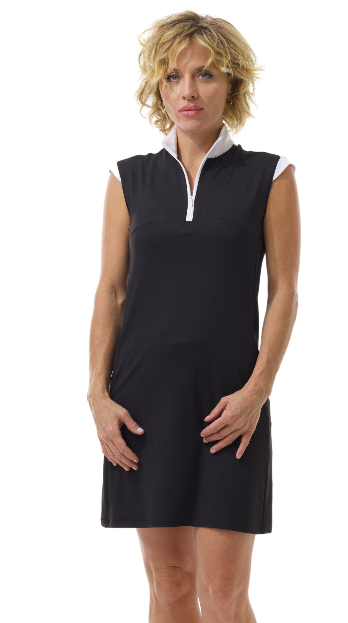 SOLSTYLE COOL SLEEVELESS ZIP MOCK DRESS. BLACK. 900724S