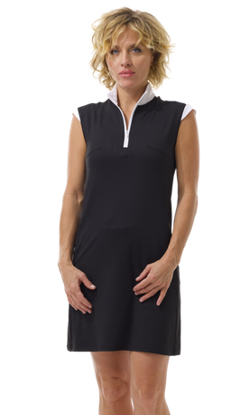 SOLSTYLE COOL SLEEVELESS ZIP MOCK DRESS. BLACK. 900724S