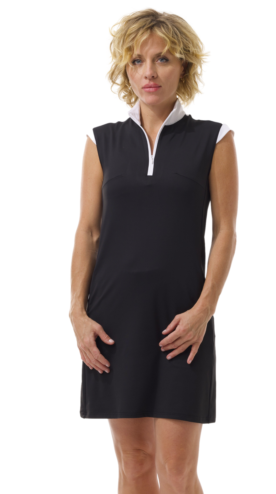SOLSTYLE COOL SLEEVELESS ZIP MOCK DRESS. BLACK. 900724S