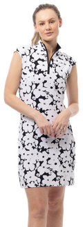 SOLSTYLE COOL SLEEVELESS 1/4 ZIP COLLAR DRESS. MAGNOLIA. BLACK. 900725 - SanSoleil