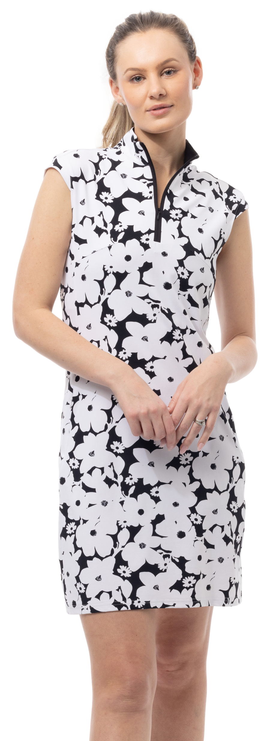 SOLSTYLE COOL SLEEVELESS 1/4 ZIP COLLAR DRESS. MAGNOLIA. BLACK. 900725 - SanSoleil