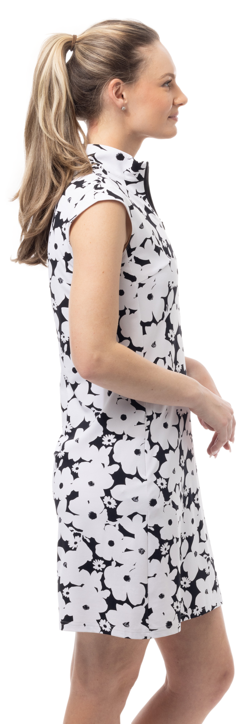 SOLSTYLE COOL SLEEVELESS 1/4 ZIP COLLAR DRESS. MAGNOLIA. BLACK. 900725 - SanSoleil
