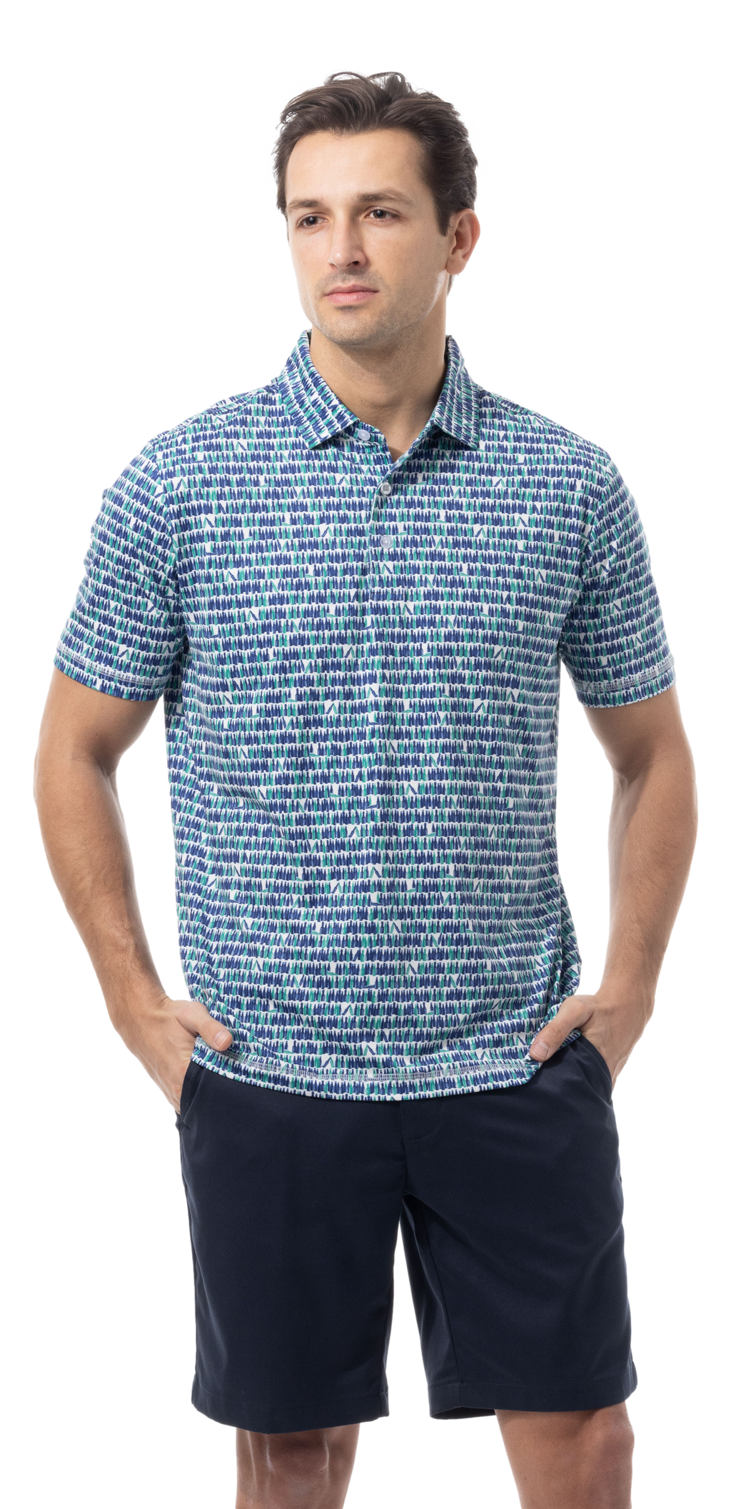 SANSOLEIL MEN'S SHORT SLEEVE PRINT POLO. 99 BOTTLES.  900840 - SanSoleil