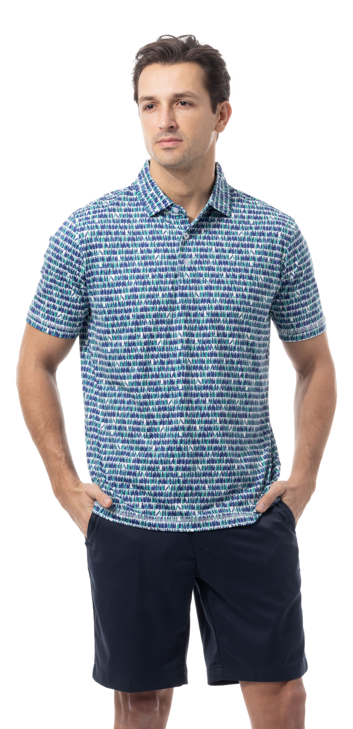 SANSOLEIL MEN'S SHORT SLEEVE PRINT POLO. 99 BOTTLES.  900840 - SanSoleil