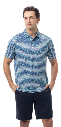 SANSOLEIL MEN'S SHORT SLEEVE PRINT POLO. 99 BOTTLES.  900840 - SanSoleil