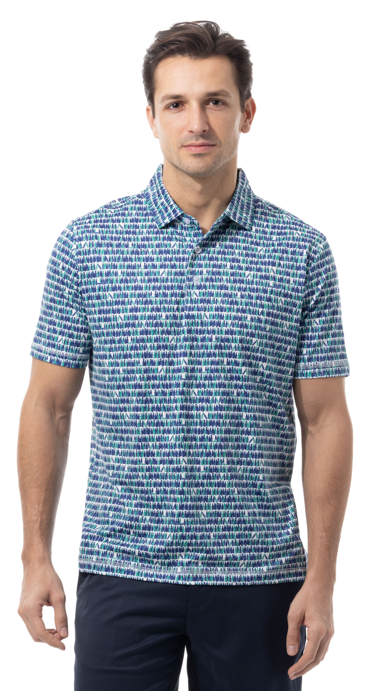 SANSOLEIL MEN'S SHORT SLEEVE PRINT POLO. 99 BOTTLES.  900840 - SanSoleil