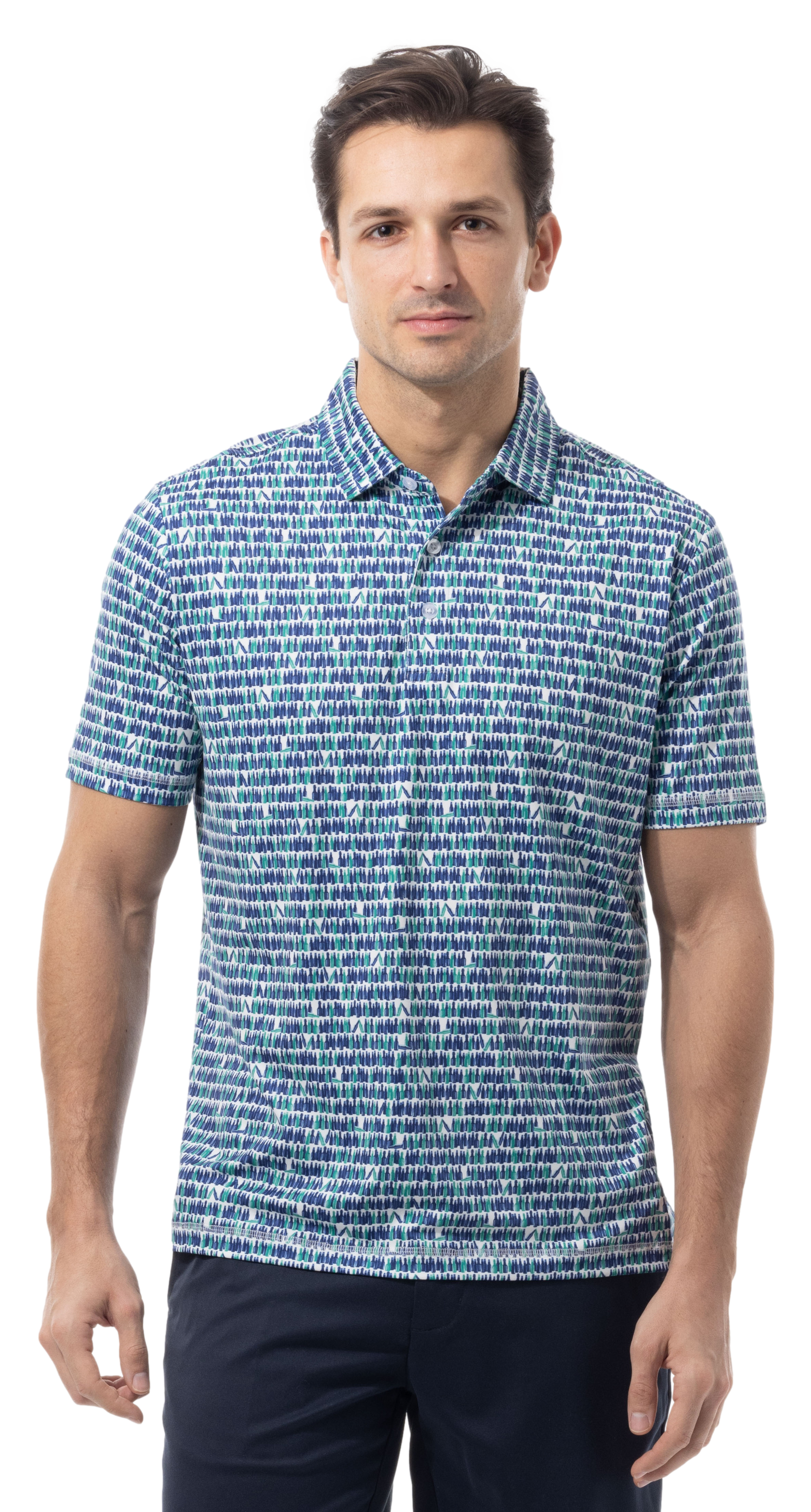 SANSOLEIL MEN'S SHORT SLEEVE PRINT POLO. 99 BOTTLES.  900840 - SanSoleil