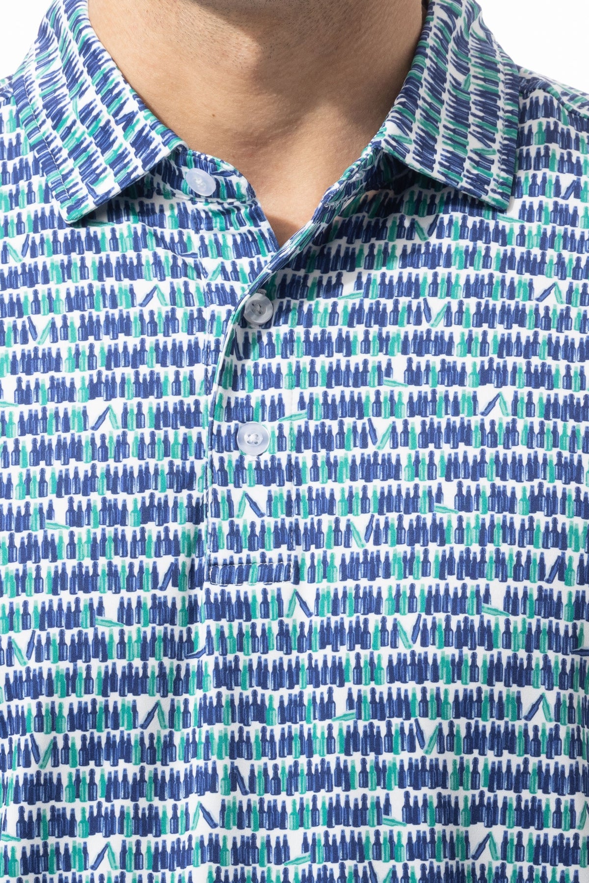 SANSOLEIL MEN'S SHORT SLEEVE PRINT POLO. 99 BOTTLES.  900840 - SanSoleil