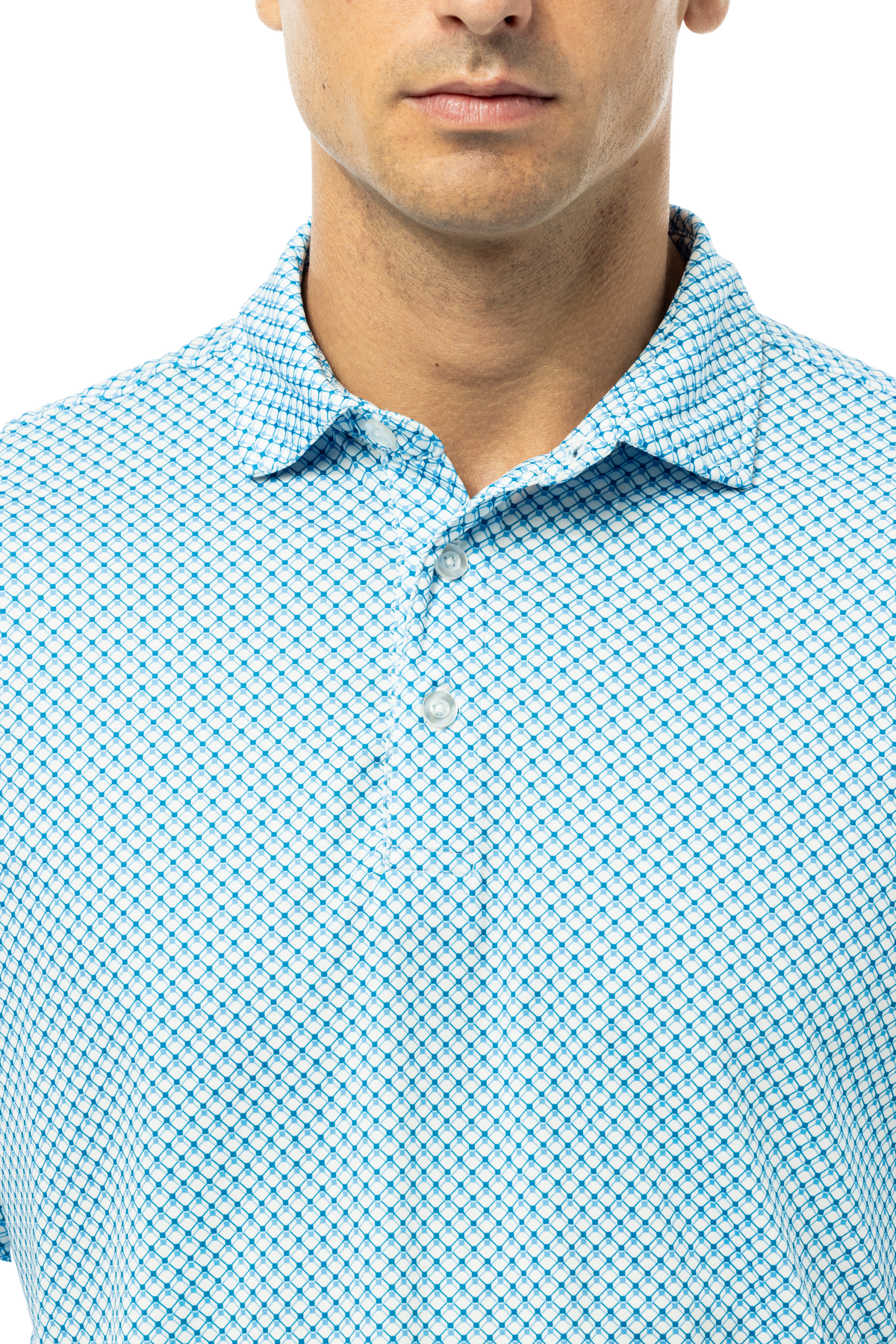 Men's SolTek Ice Long Sleeve Print Polo by SanSoleil Men's in Mystic Blue Jay, featuring a stylish printed design on a long sleeve polo shirt.