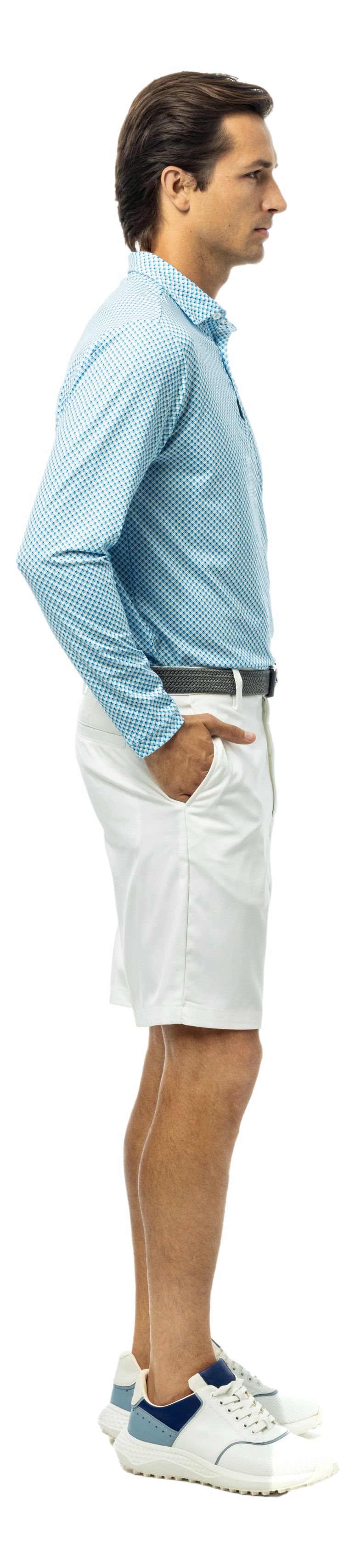 Men's Soltek Ice long sleeve print polo from SanSoleil Men's collection featuring blue jay design, lightweight and comfortable.