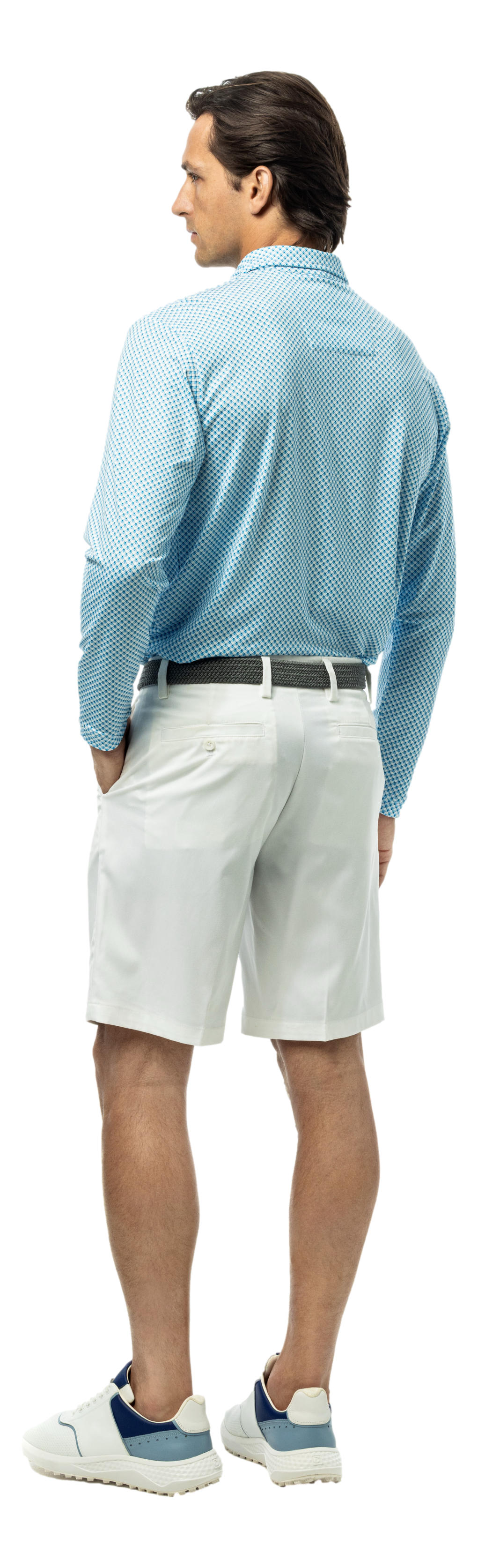 Men's Soltek Ice Long Sleeve Print Polo by SanSoleil in Mystic Blue Jay, featuring a stylish printed design and comfortable fit.