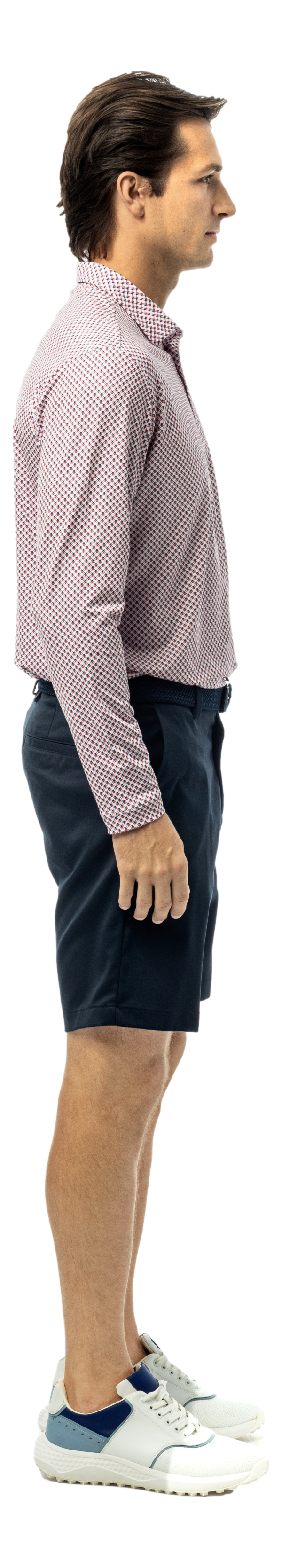 Men's Soltek Ice long sleeve print polo in quad red navy by SanSoleil Men's collection, featuring a stylish red and navy design.
