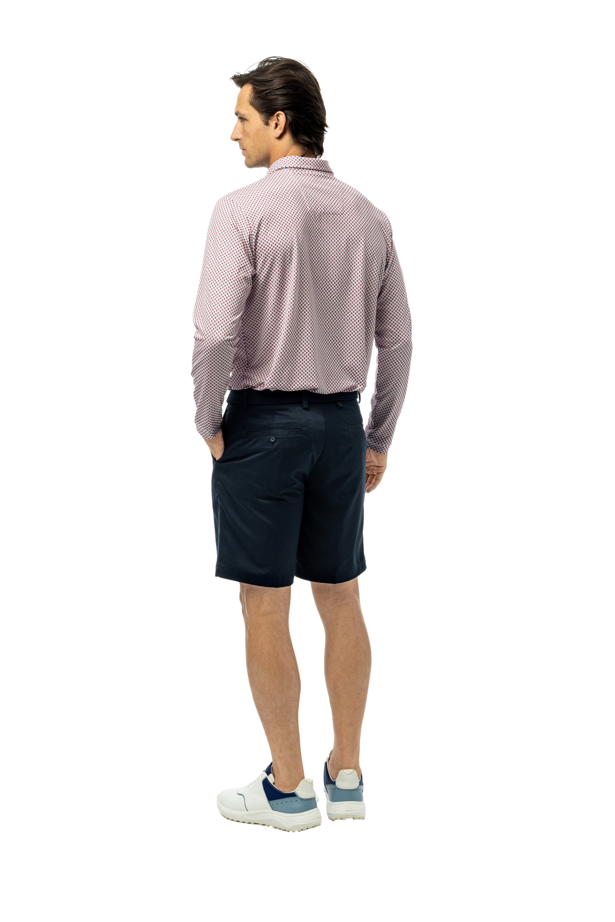 Men's Soltek Ice long sleeve print polo in red and navy from SanSoleil Men's collection, featuring a stylish quad design.