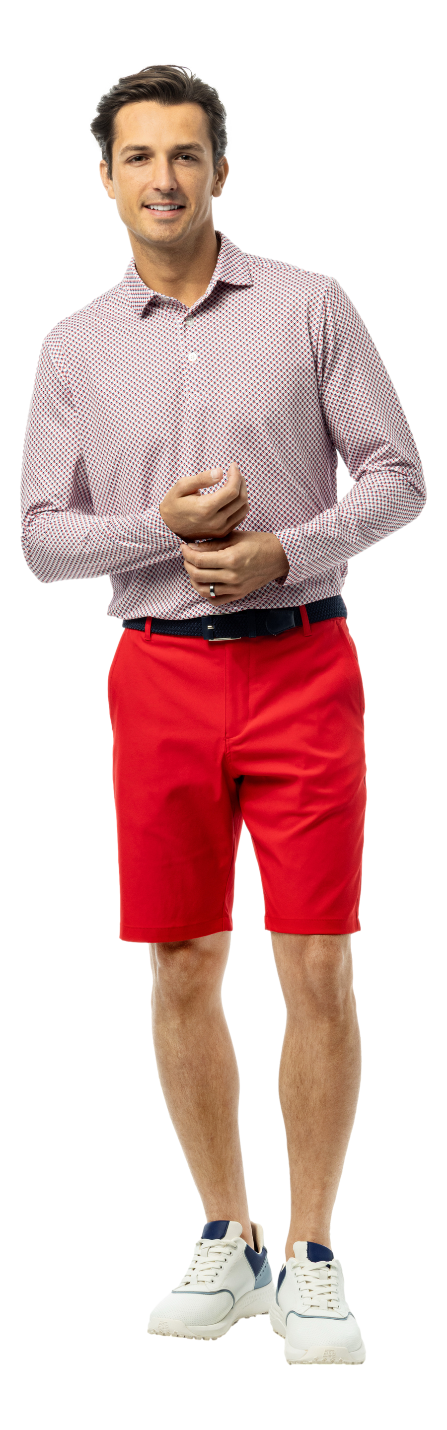 Men's Soltek Ice long sleeve print polo shirt in red and navy from SanSoleil Men's collection, featuring a quad pattern.