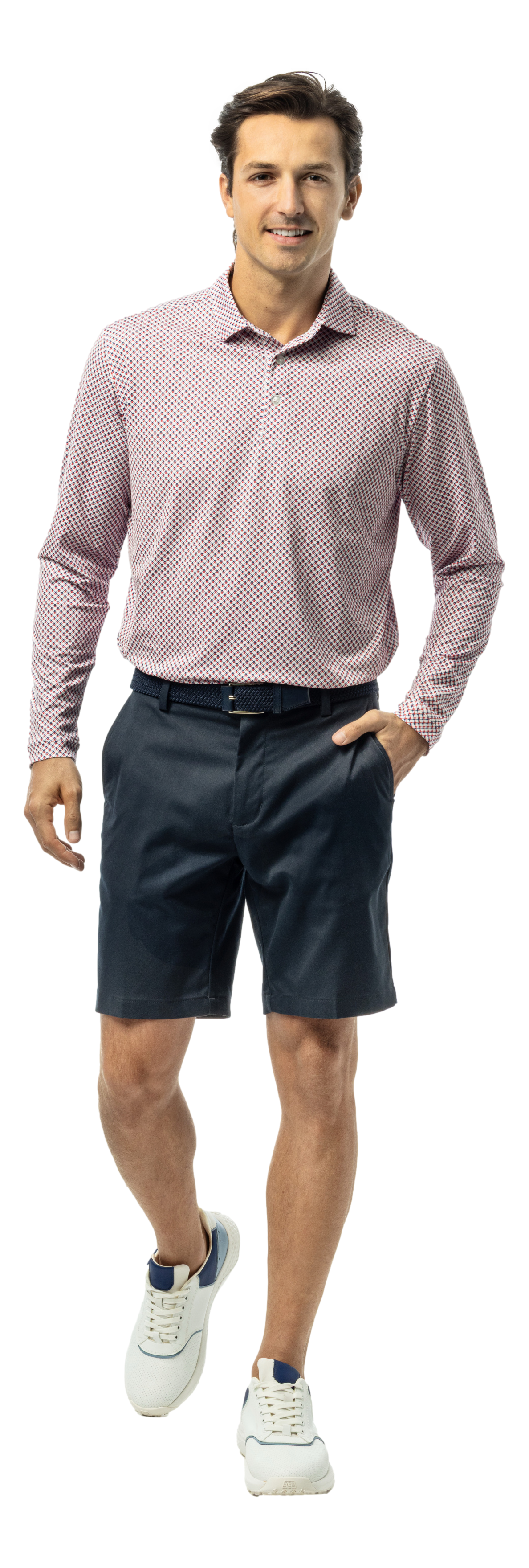Men's Soltek Ice long sleeve print polo from SanSoleil Men's Collection in red and navy with quad pattern, front view.