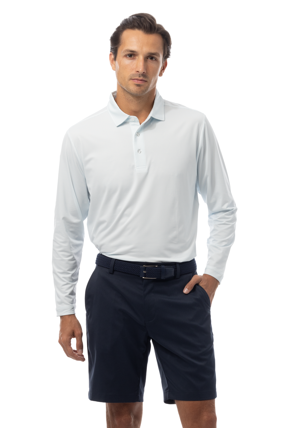 SANSOLEIL'S MEN'S LONG SLEEVE PRINT POLO. MATRIX. TURQ COASTAL BLUE. 900841 - SanSoleil