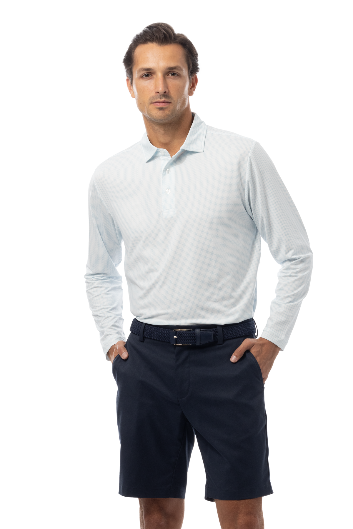 SANSOLEIL'S MEN'S LONG SLEEVE PRINT POLO. MATRIX. TURQ COASTAL BLUE. 900841 - SanSoleil