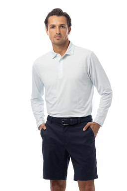 SANSOLEIL'S MEN'S LONG SLEEVE PRINT POLO. MATRIX. TURQ COASTAL BLUE. 900841 - SanSoleil