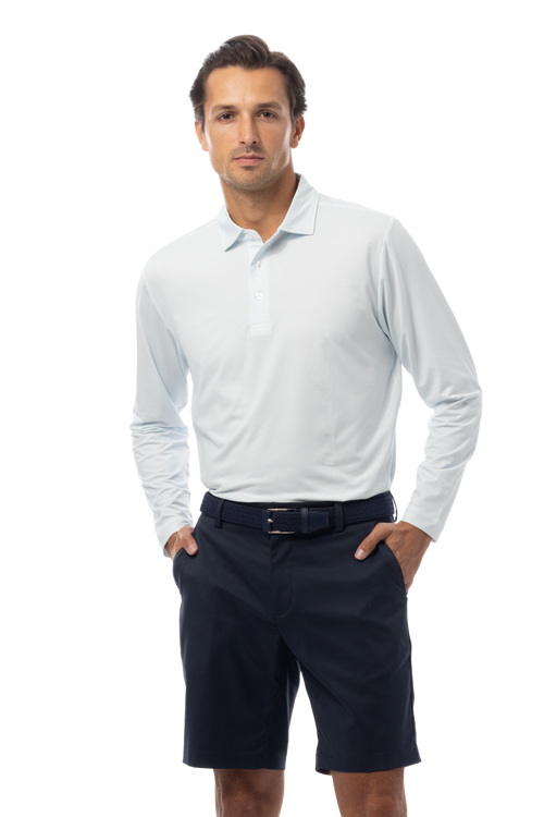SANSOLEIL'S MEN'S LONG SLEEVE PRINT POLO. MATRIX. TURQ COASTAL BLUE. 900841 - SanSoleil