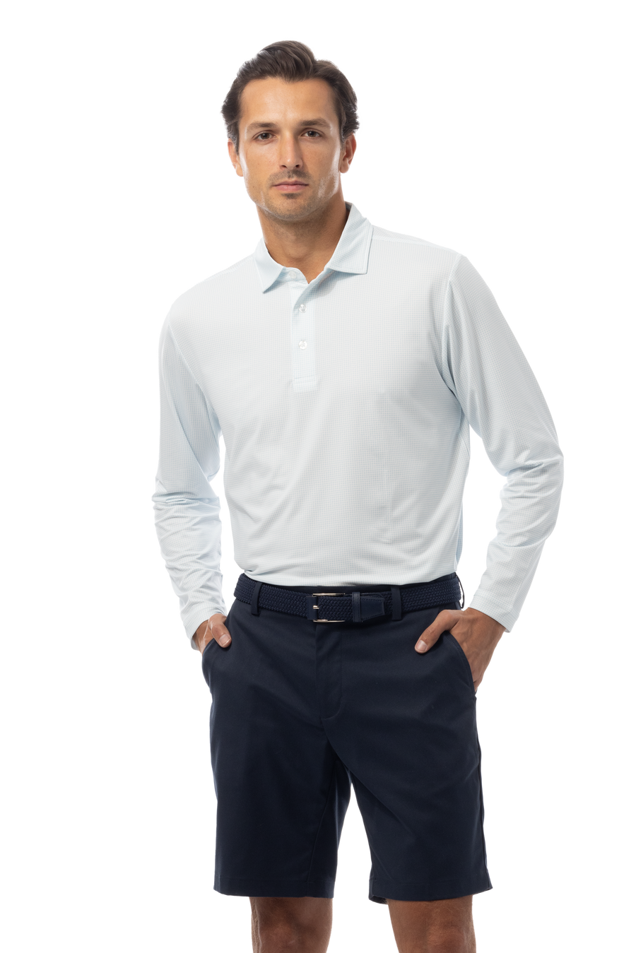 SANSOLEIL'S MEN'S LONG SLEEVE PRINT POLO. MATRIX. TURQ COASTAL BLUE. 900841 - SanSoleil