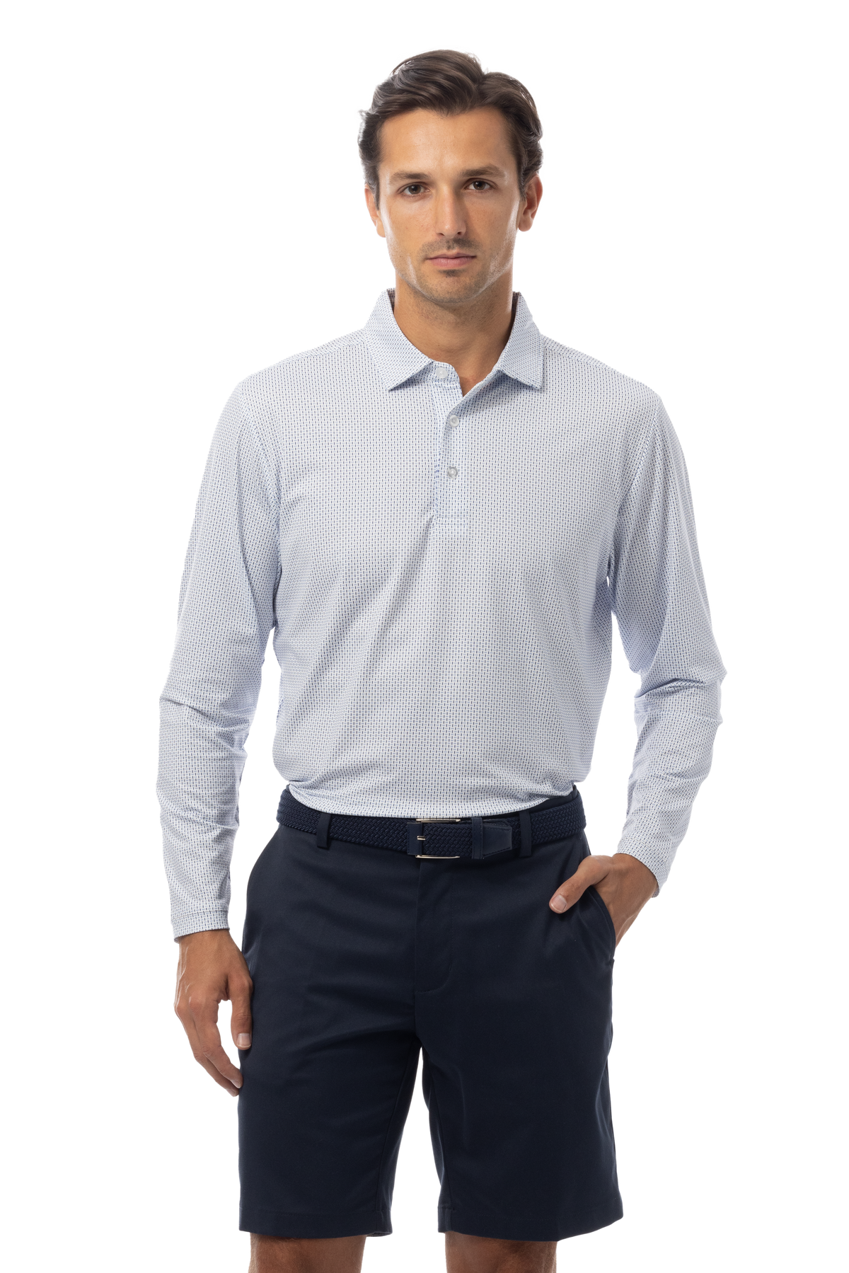 SANSOLEIL'S MEN'S LONG SLEEVE PRINT POLO. MATRIX. PERI NAVY.  900841 - SanSoleil