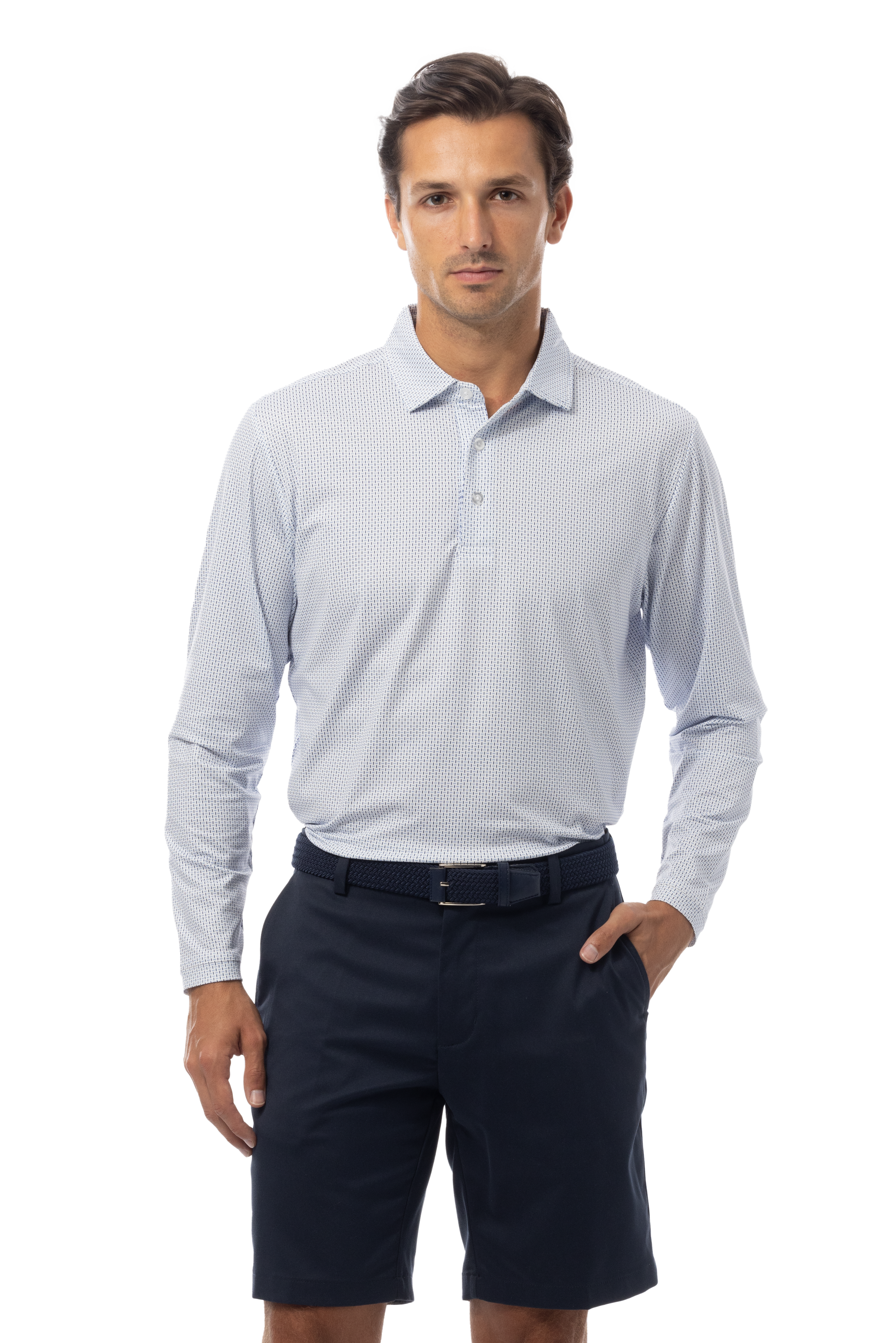 SANSOLEIL'S MEN'S LONG SLEEVE PRINT POLO. MATRIX. PERI NAVY.  900841 - SanSoleil