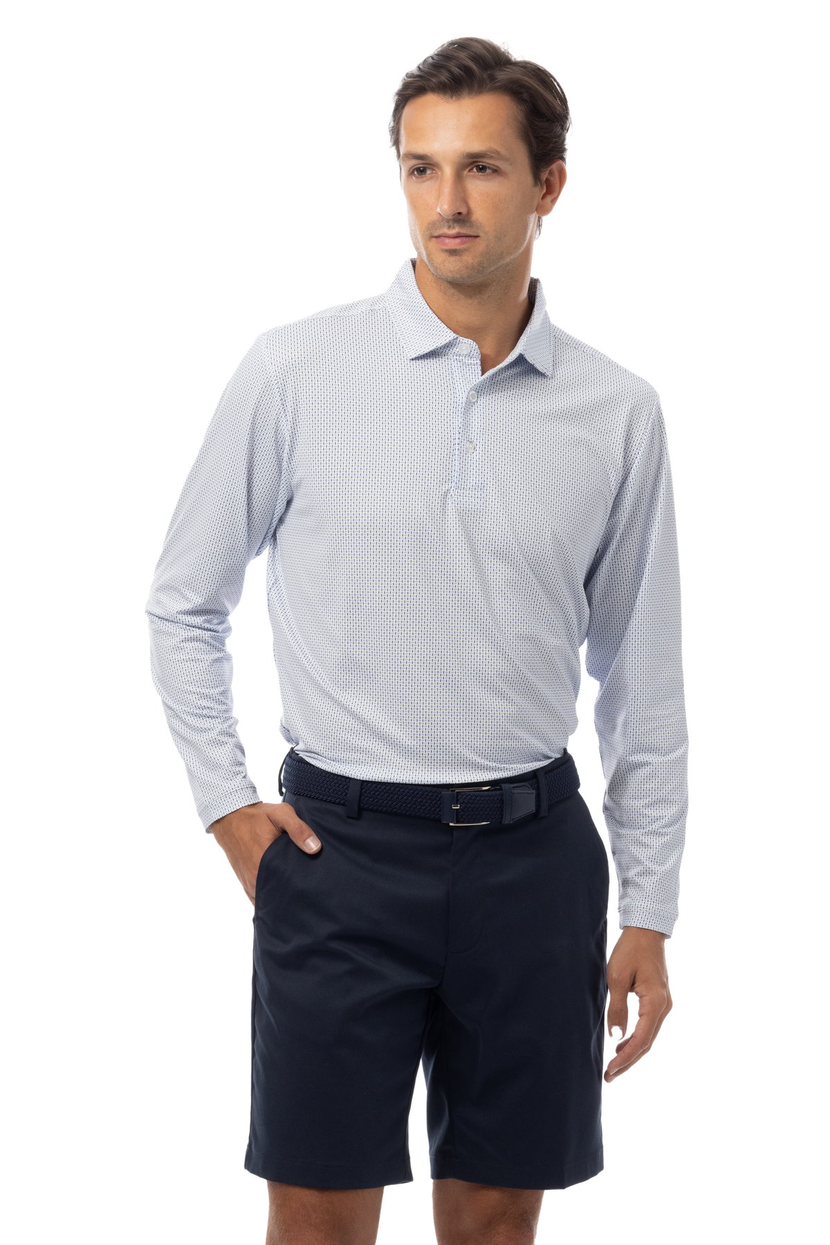 SANSOLEIL'S MEN'S LONG SLEEVE PRINT POLO. MATRIX. PERI NAVY.  900841 - SanSoleil