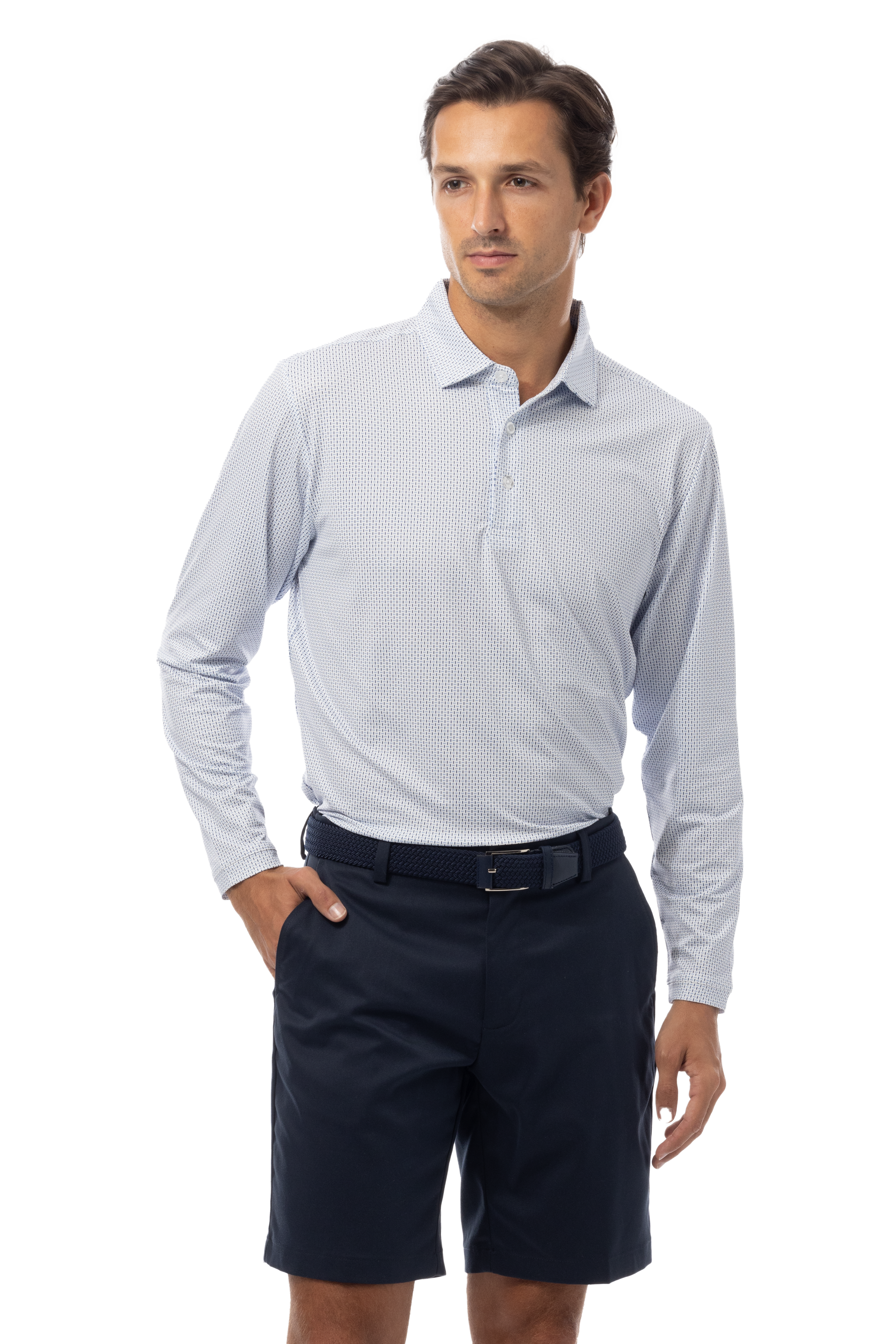 SANSOLEIL'S MEN'S LONG SLEEVE PRINT POLO. MATRIX. PERI NAVY.  900841 - SanSoleil