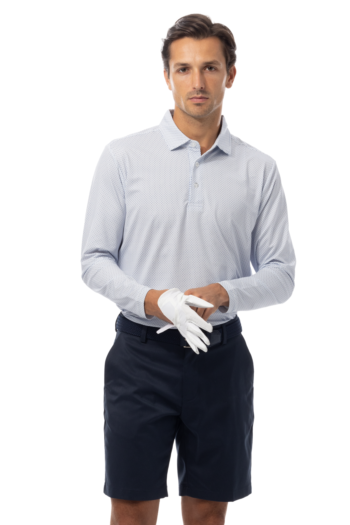 SANSOLEIL'S MEN'S LONG SLEEVE PRINT POLO. MATRIX. PERI NAVY.  900841 - SanSoleil