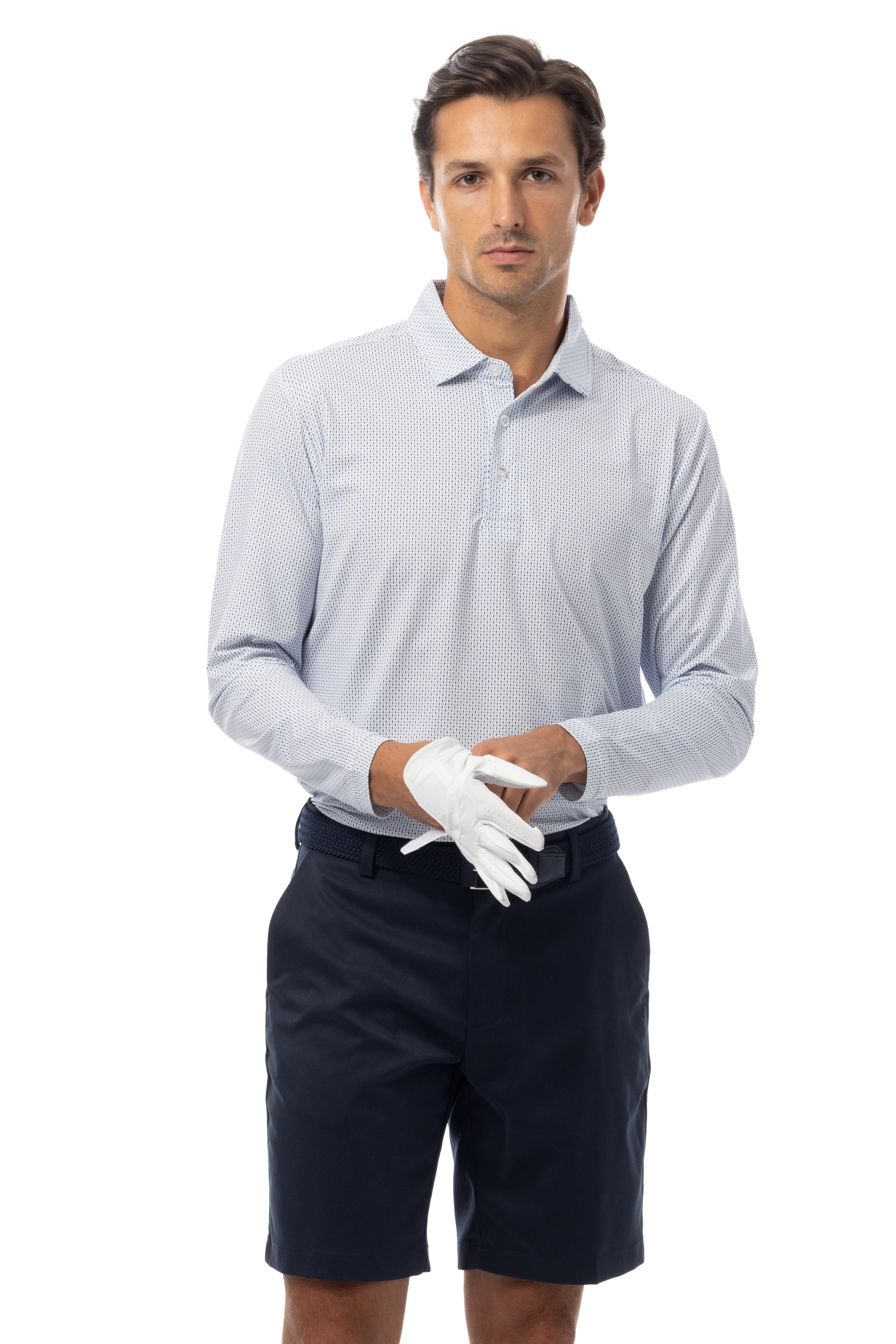SANSOLEIL'S MEN'S LONG SLEEVE PRINT POLO. MATRIX. PERI NAVY.  900841 - SanSoleil