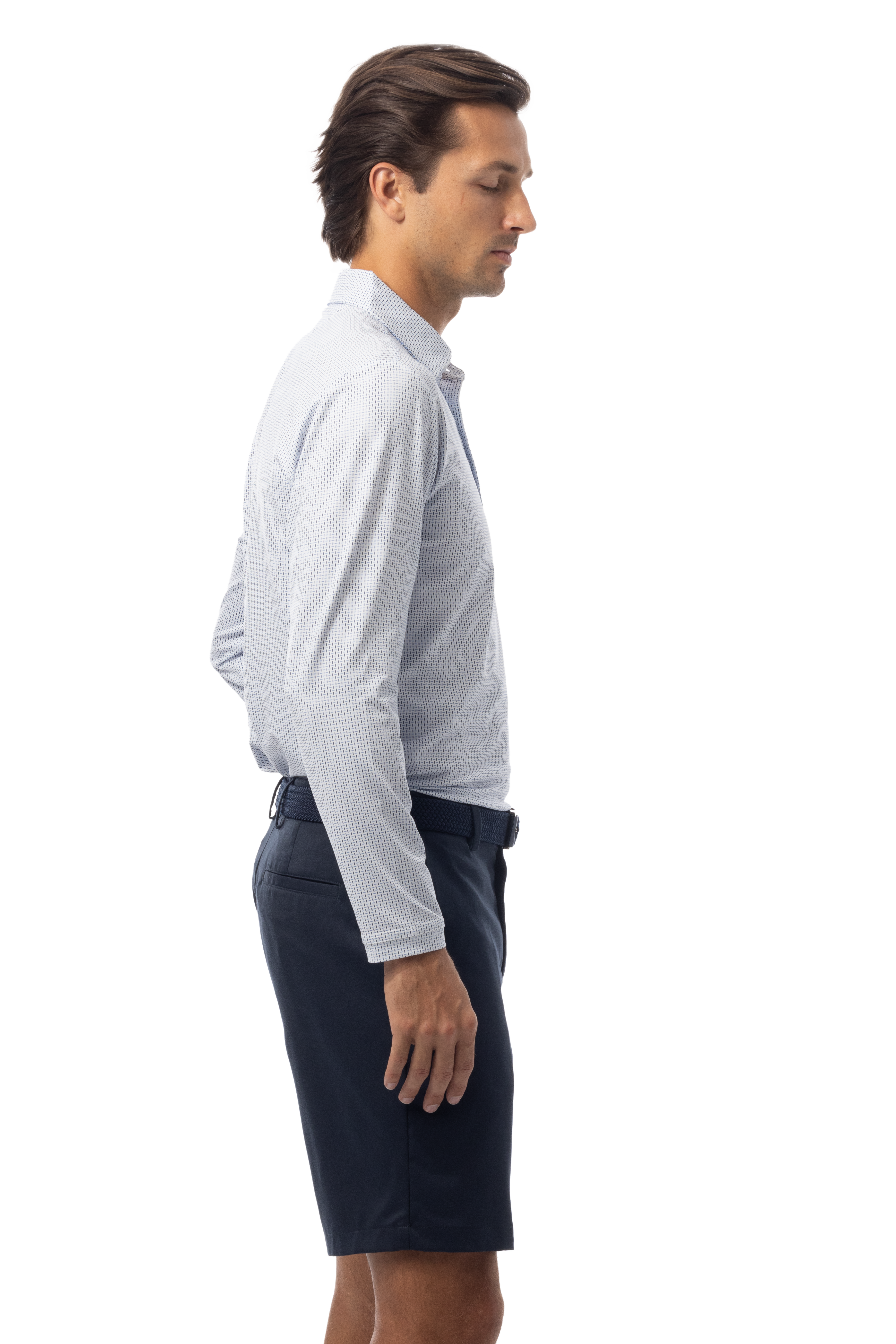 SANSOLEIL'S MEN'S LONG SLEEVE PRINT POLO. MATRIX. PERI NAVY.  900841 - SanSoleil