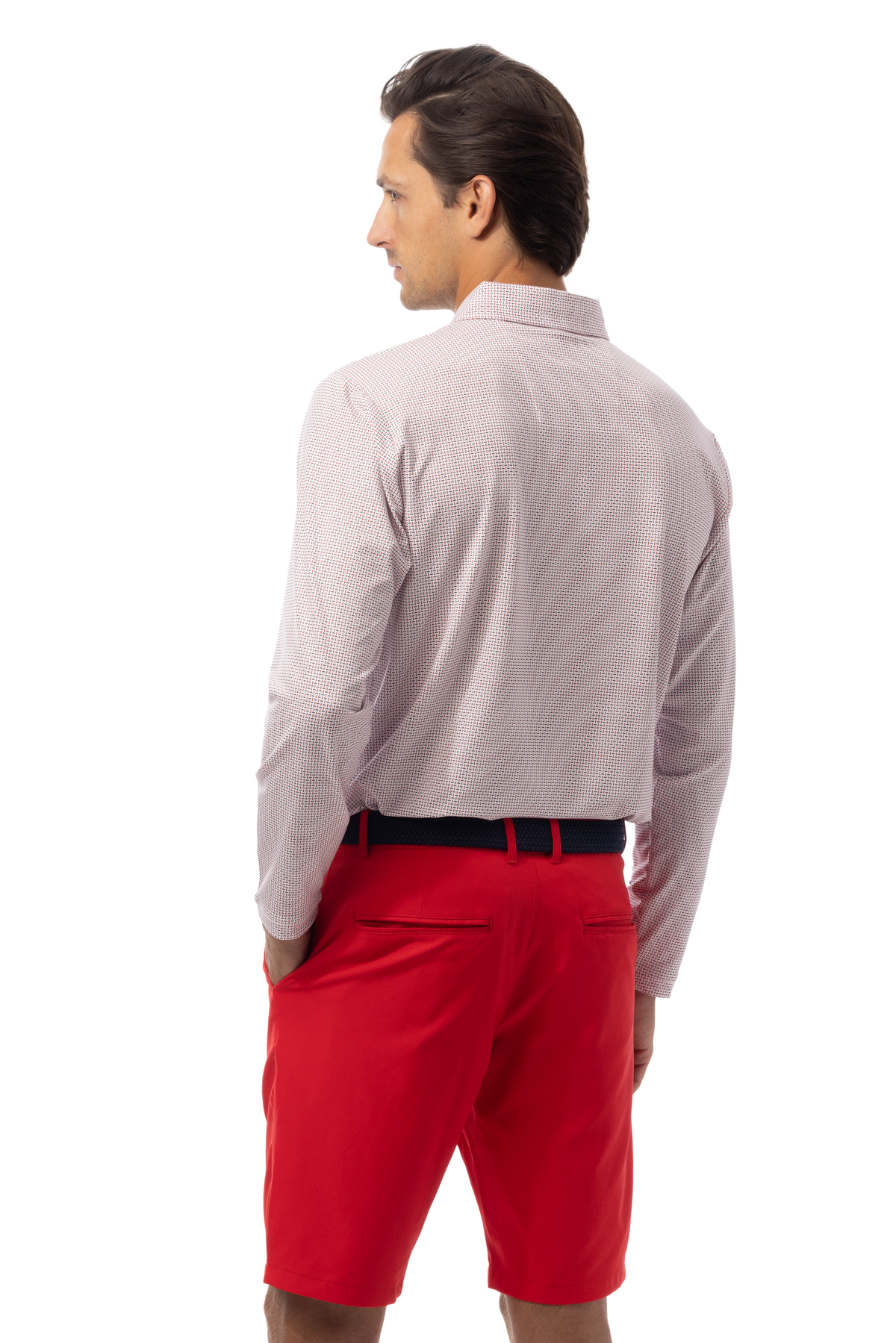 SANSOLEIL'S MEN'S LONG SLEEVE PRINT POLO. MATRIX RED NAVY.  900841 - SanSoleil