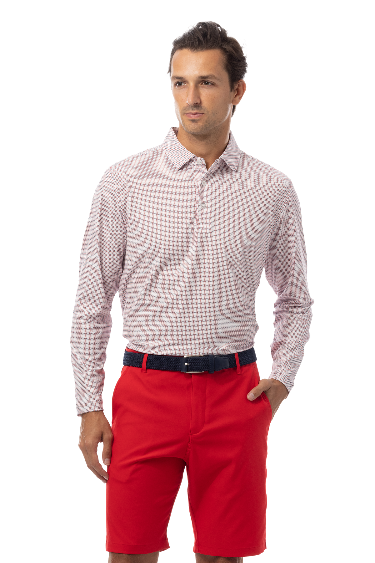 SANSOLEIL'S MEN'S LONG SLEEVE PRINT POLO. MATRIX RED NAVY.  900841 - SanSoleil