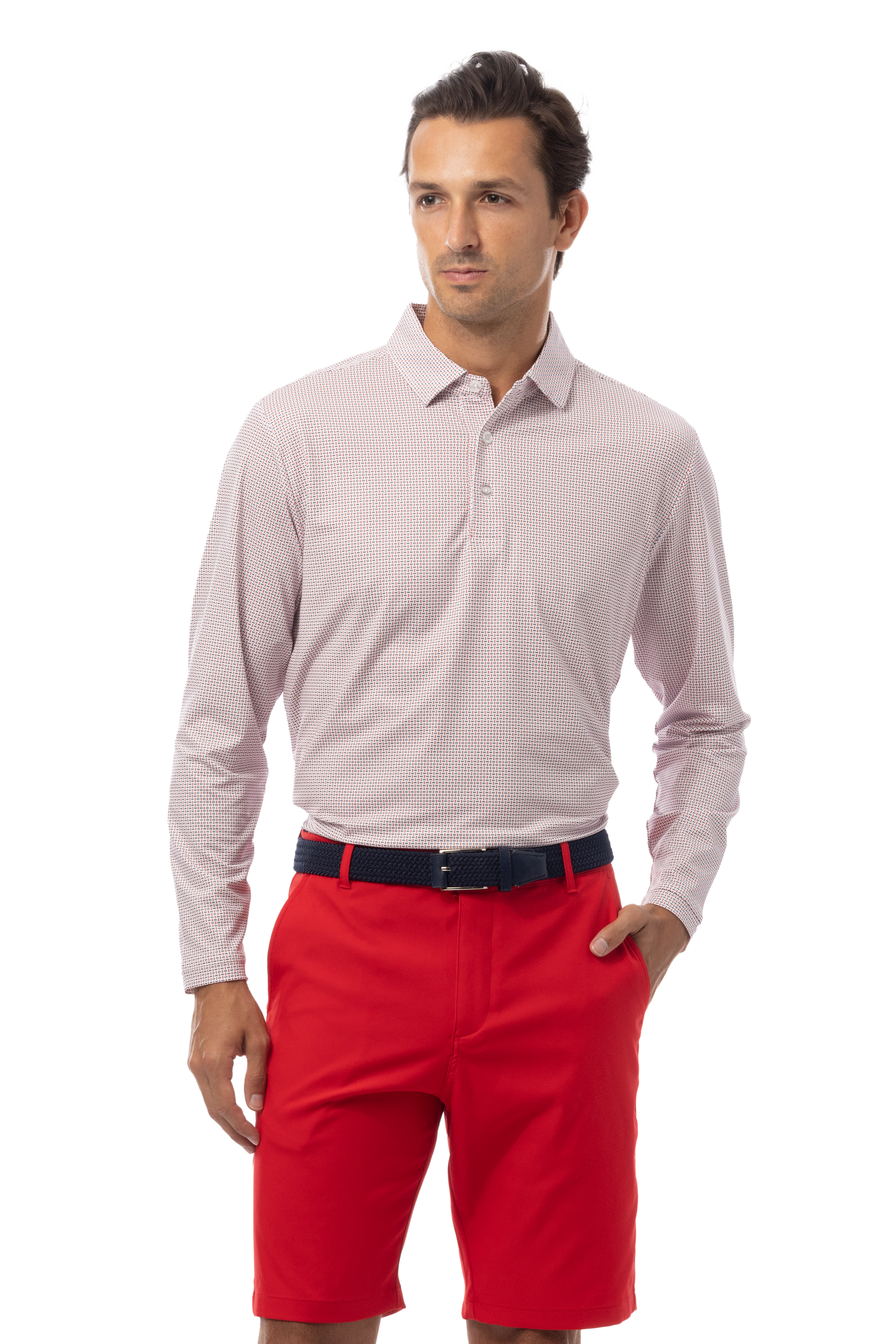 SANSOLEIL'S MEN'S LONG SLEEVE PRINT POLO. MATRIX RED NAVY.  900841 - SanSoleil