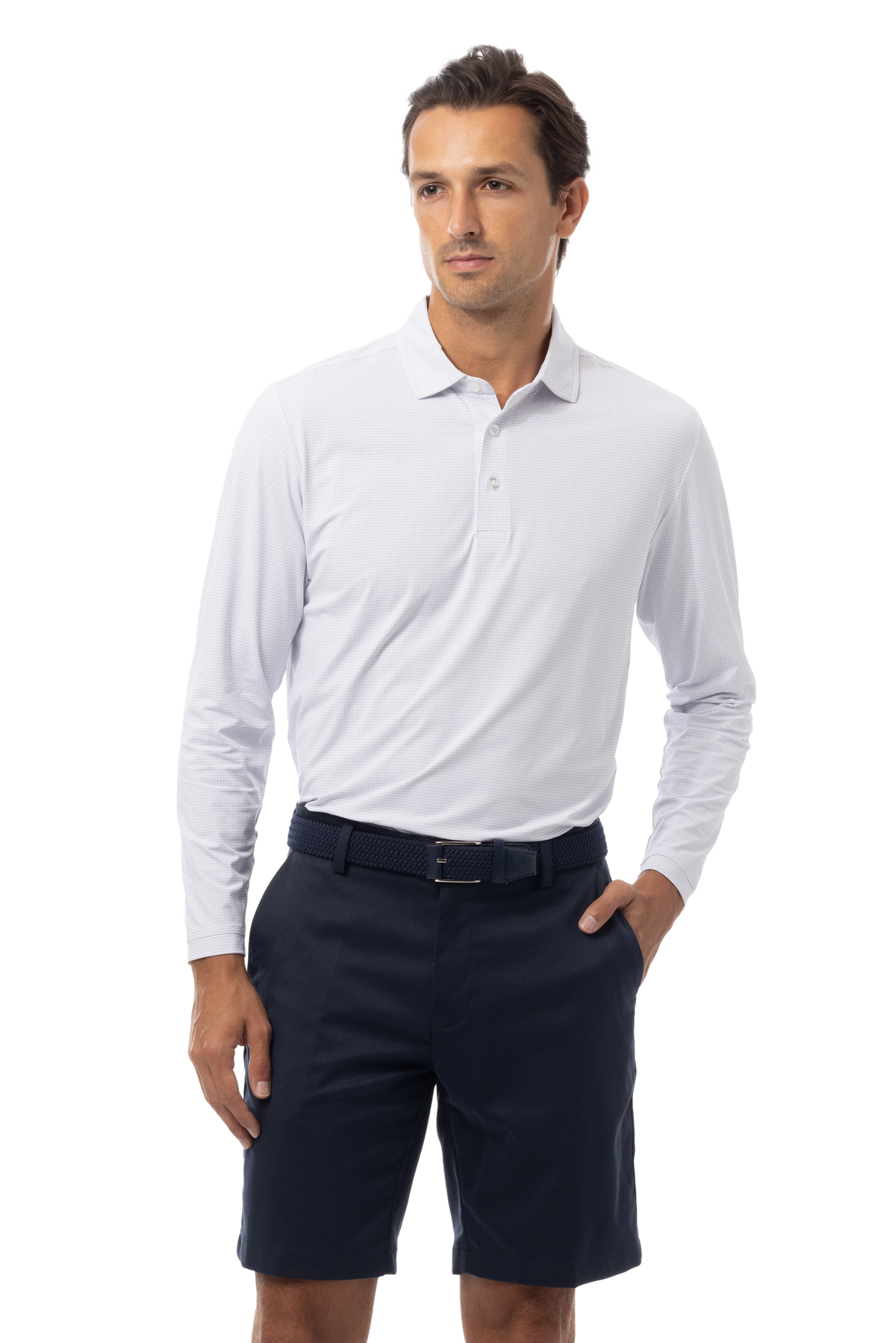 SANSOLEIL'S MEN'S SOLAIR LONG SLEEVE POLO. WHITE NAVY - 900841A - SanSoleil