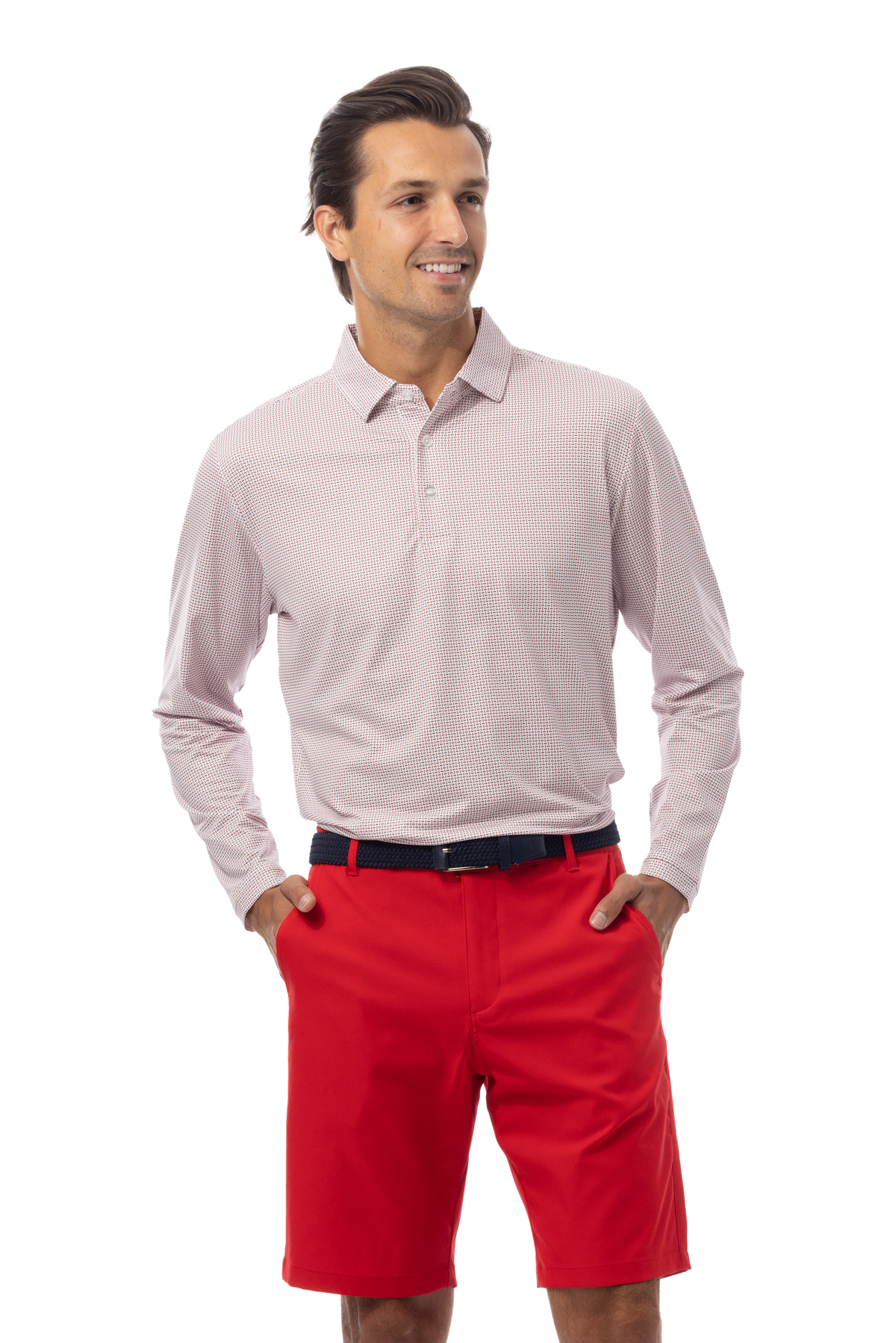 SANSOLEIL'S MEN'S LONG SLEEVE PRINT POLO. MATRIX RED NAVY.  900841 - SanSoleil