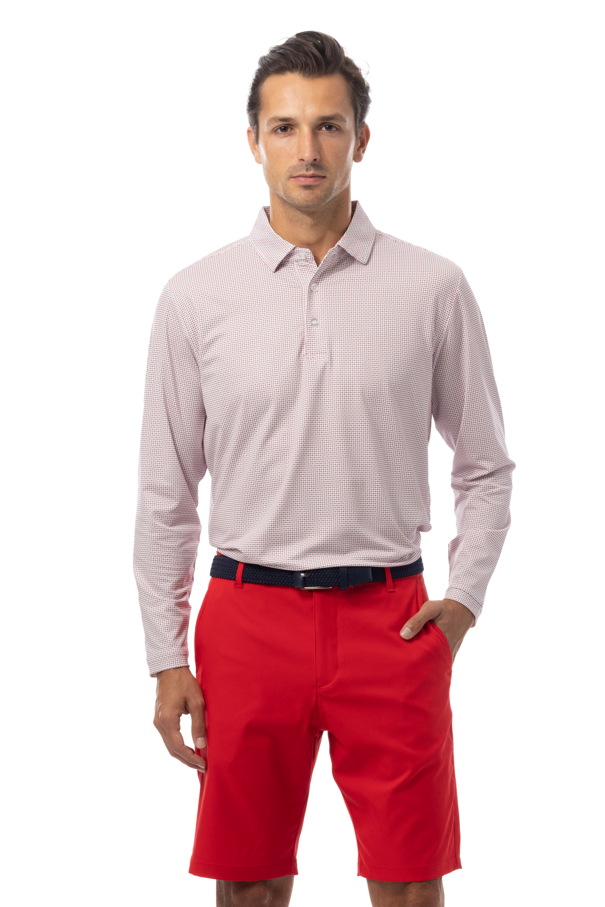 SANSOLEIL'S MEN'S LONG SLEEVE PRINT POLO. MATRIX RED NAVY.  900841 - SanSoleil