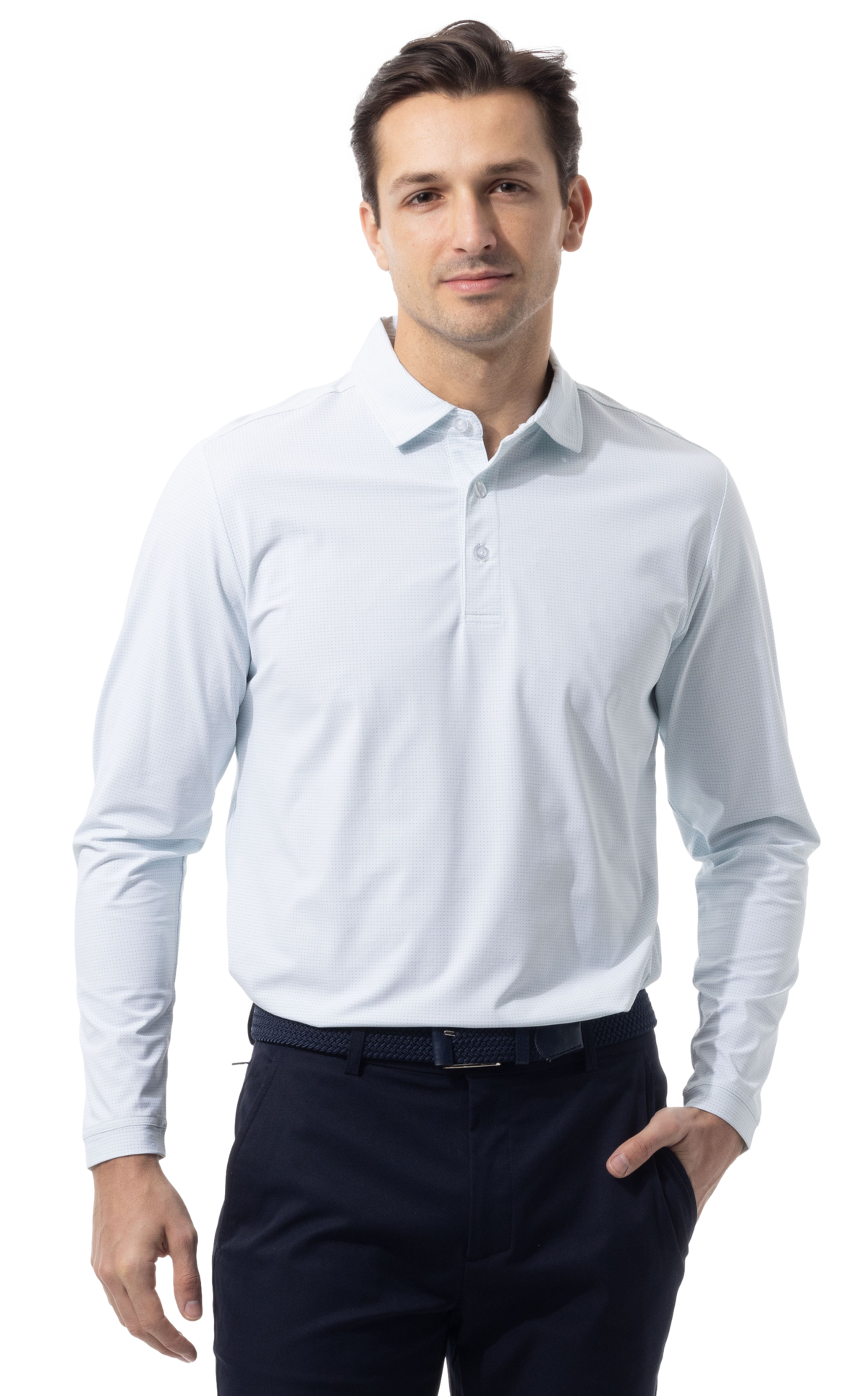 MEN'S SOLAIR COOL LONG SLEEVE POLO. WHITE. VARSITY GREEN DOT. 900841A