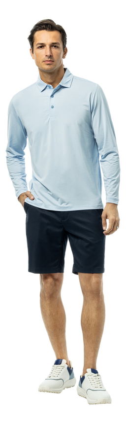 Men's Solmelange mini-stripe polo shirt in Mystic White by SanSoleil Men's collection, shown in a close-up image.