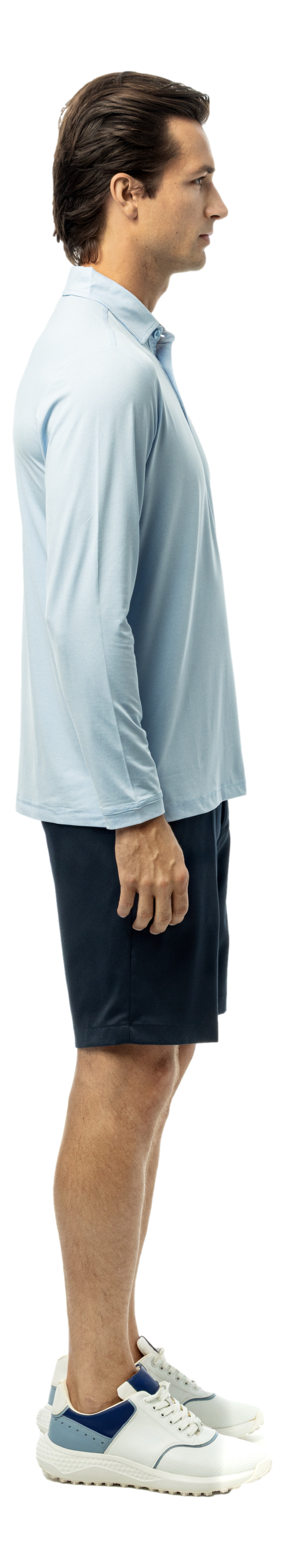 Men's SanSoleil Solmelange mini-stripe polo shirt in Mystic White, showcasing a classic collar and short sleeves.